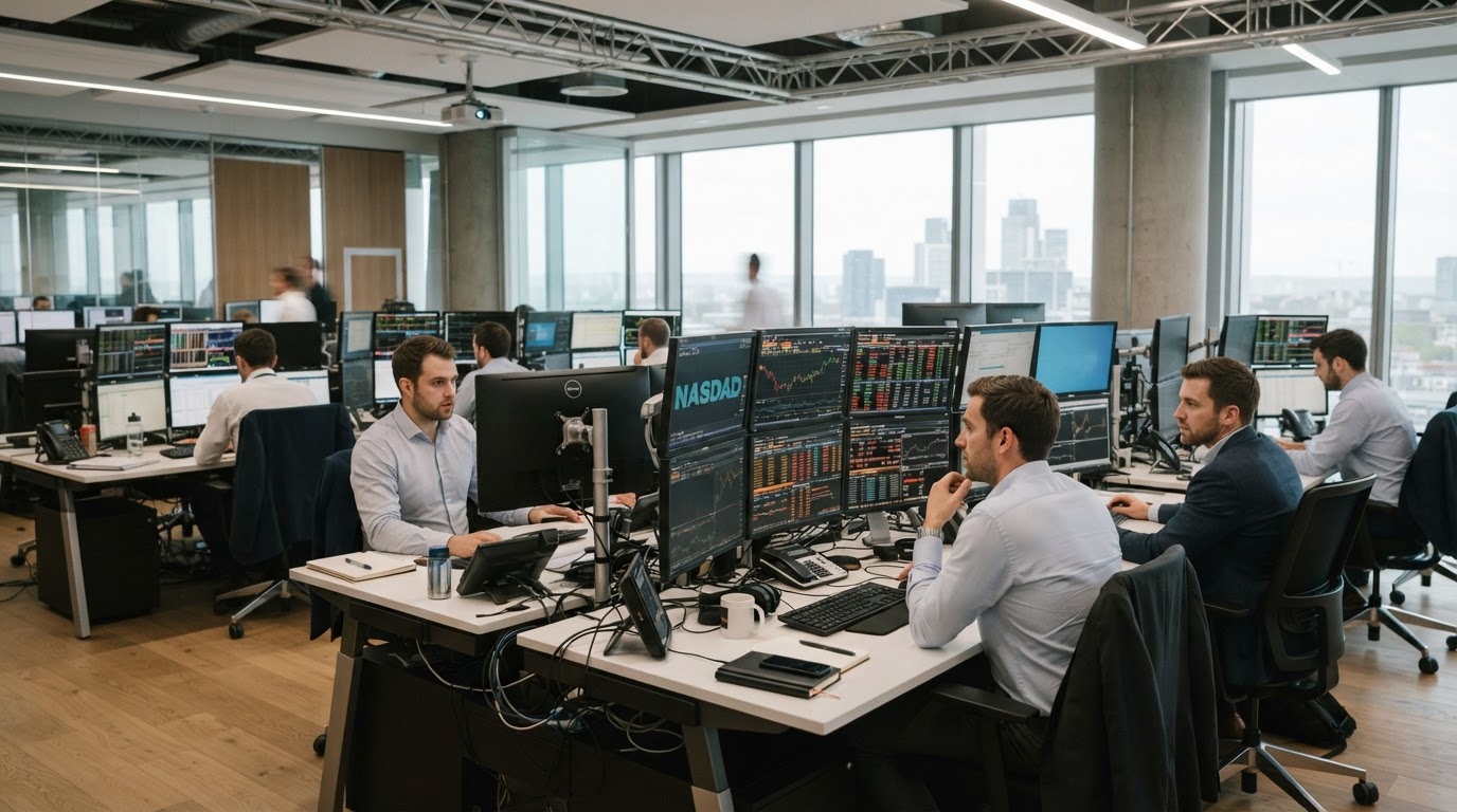 People working at desks with several market screens in an open office